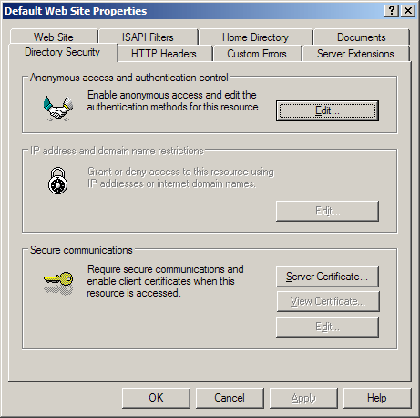 IIS SSL server certificate - default properties