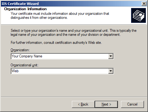 IIS SSL server certificate - organization